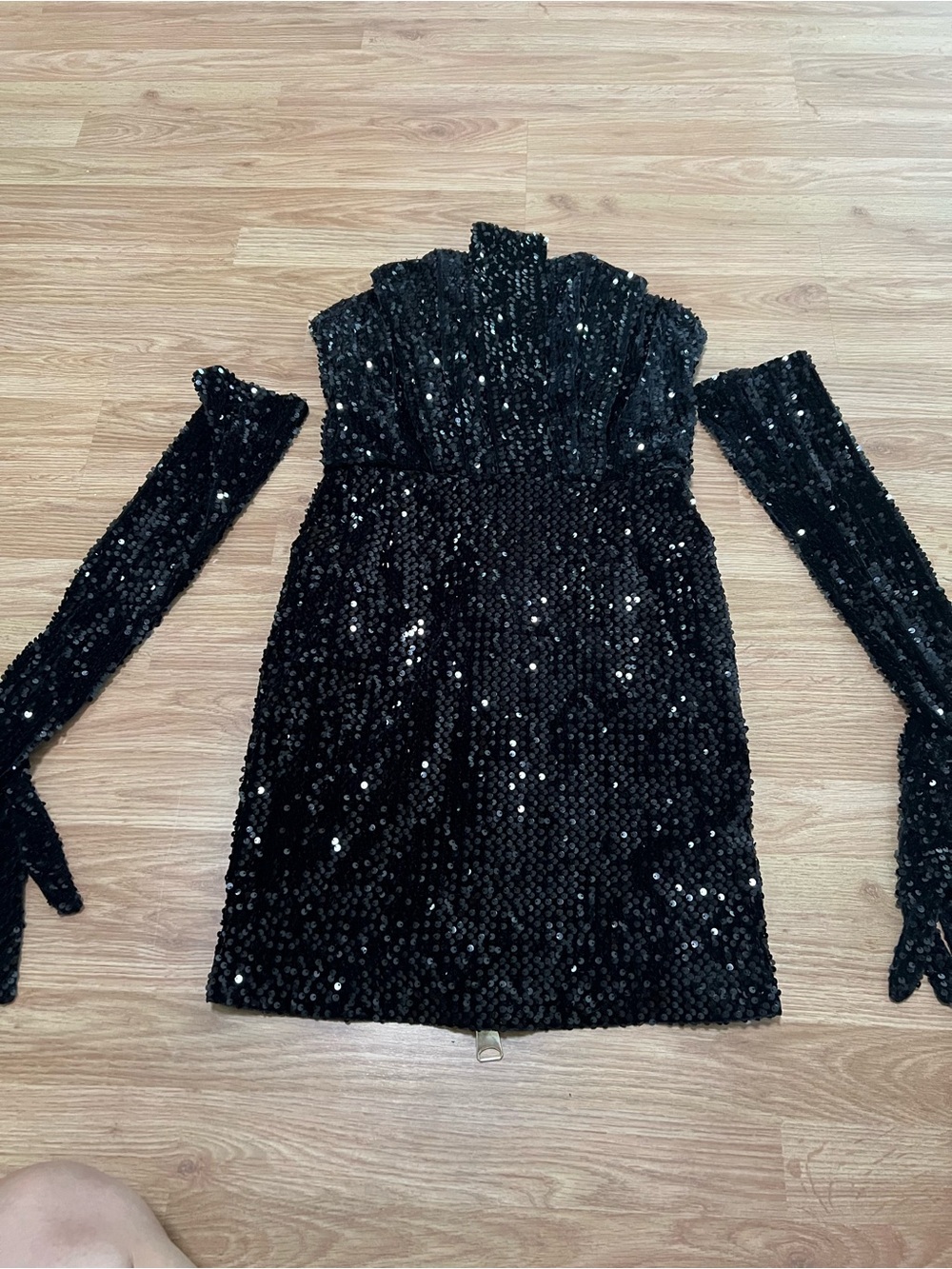 Black Sequin Strapless Mini Dress with Separate Gloves NWT